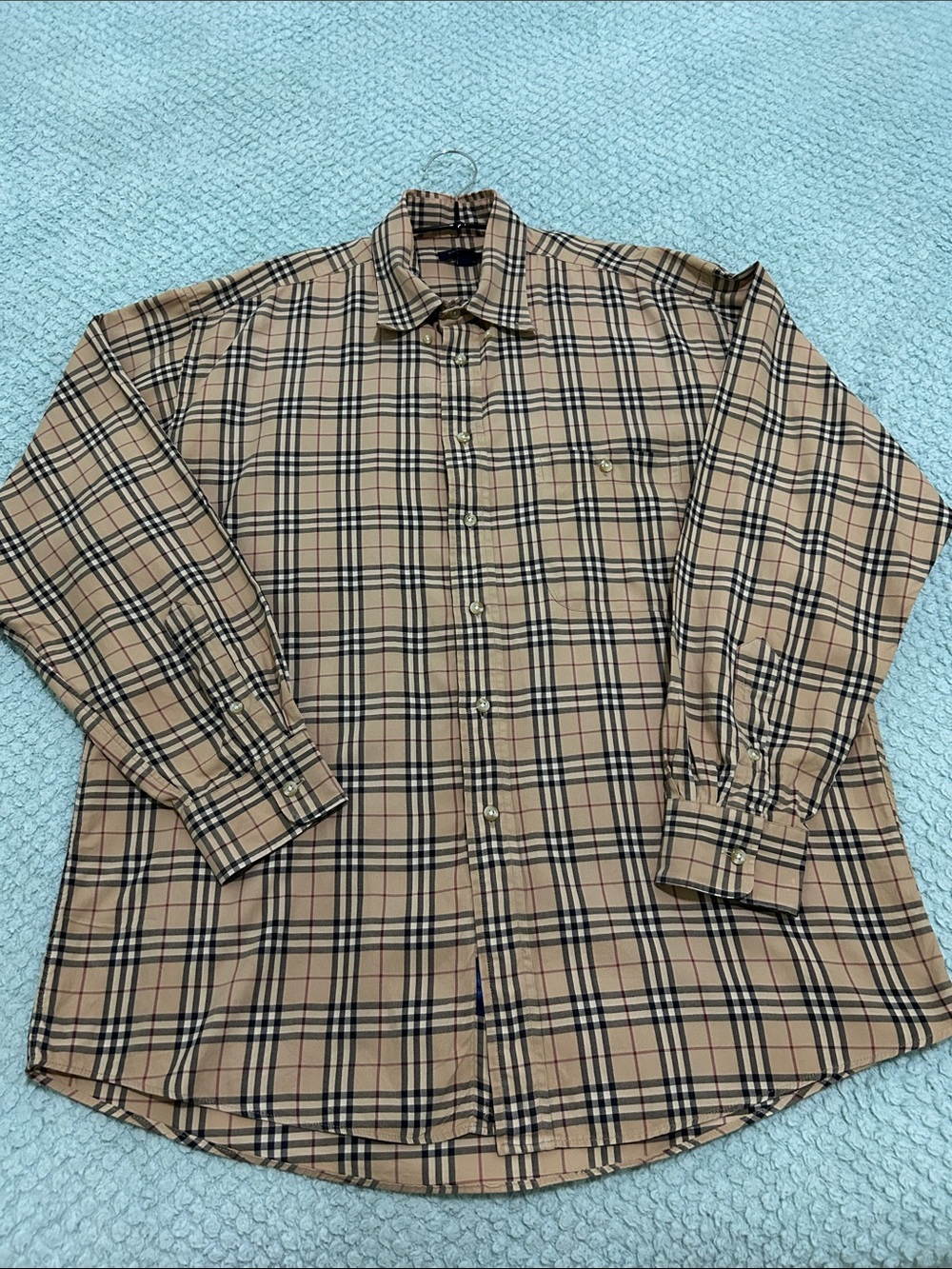 Burberry Beige Plaid Long-Sleeve Button Shirt, size Large